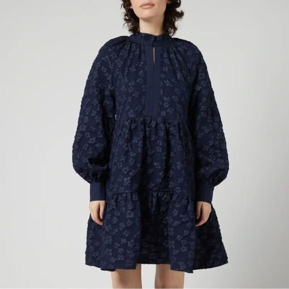 Stine Goya Navy Floral Jacquard Long Sleeve Jasmine Dress, Size Medium - Picture 8 of 8